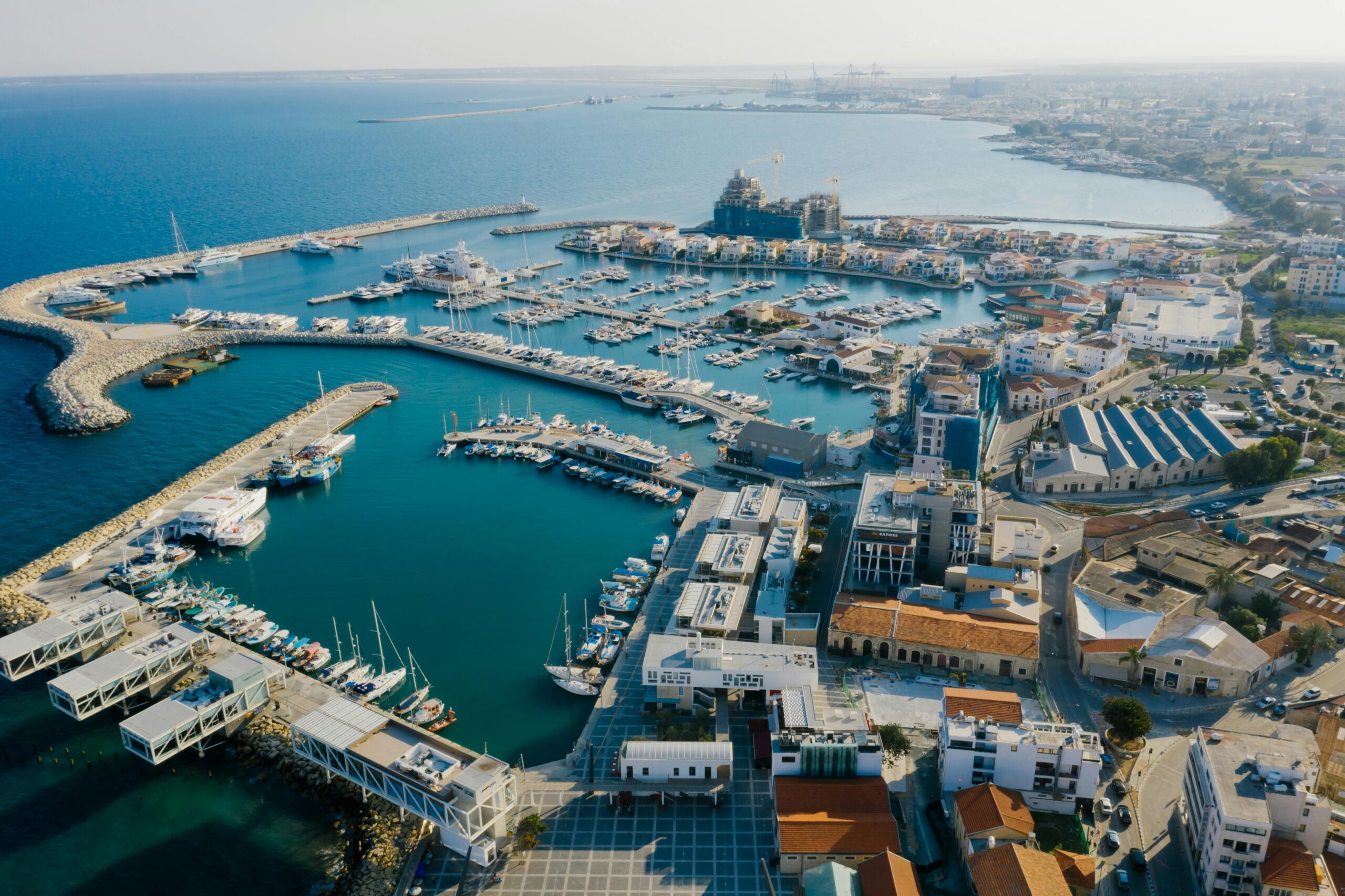 Aerial view of a marina and coastal town in Cyprus