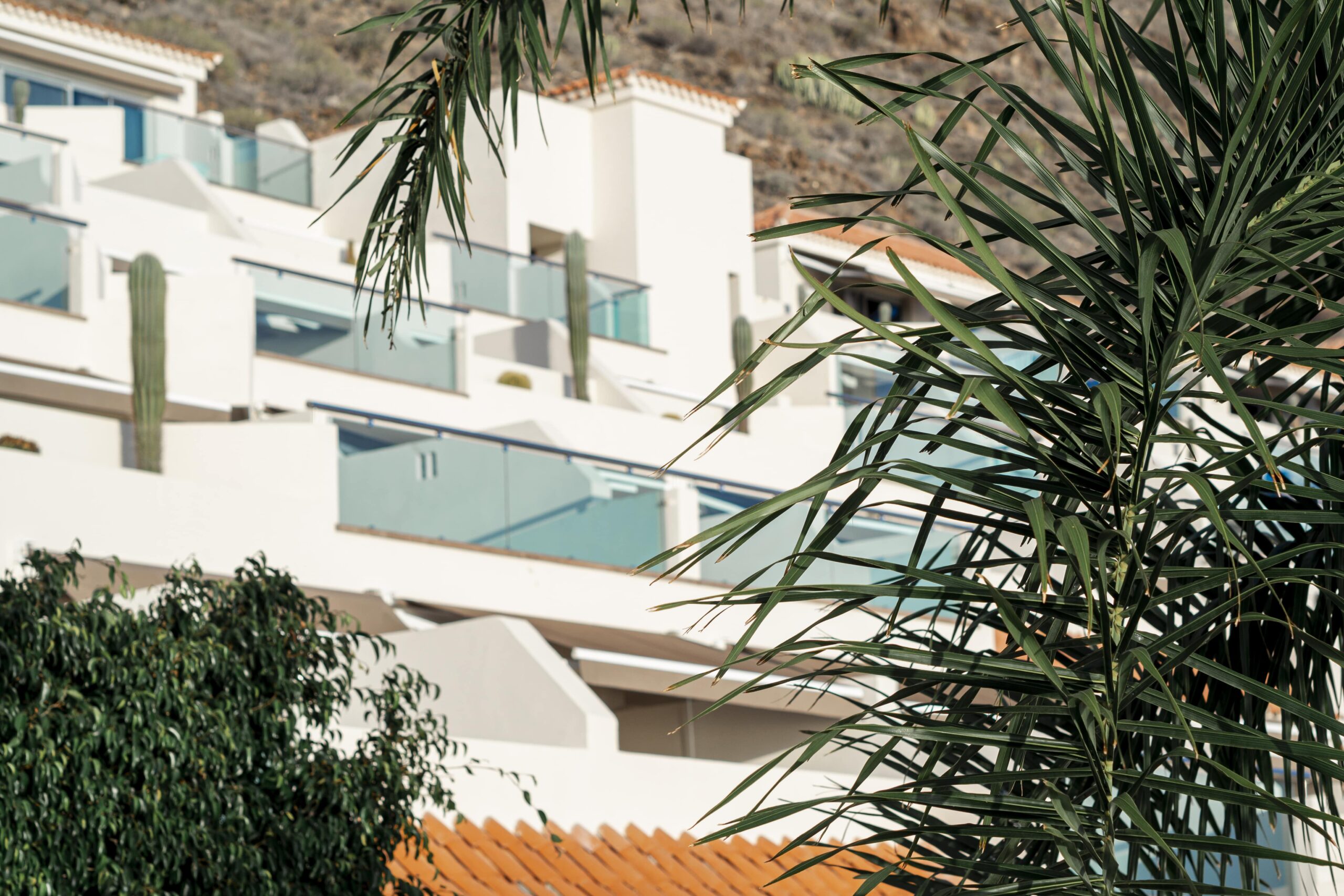 Modern hillside apartments with glass balconies and lush greenery in Cyprus.