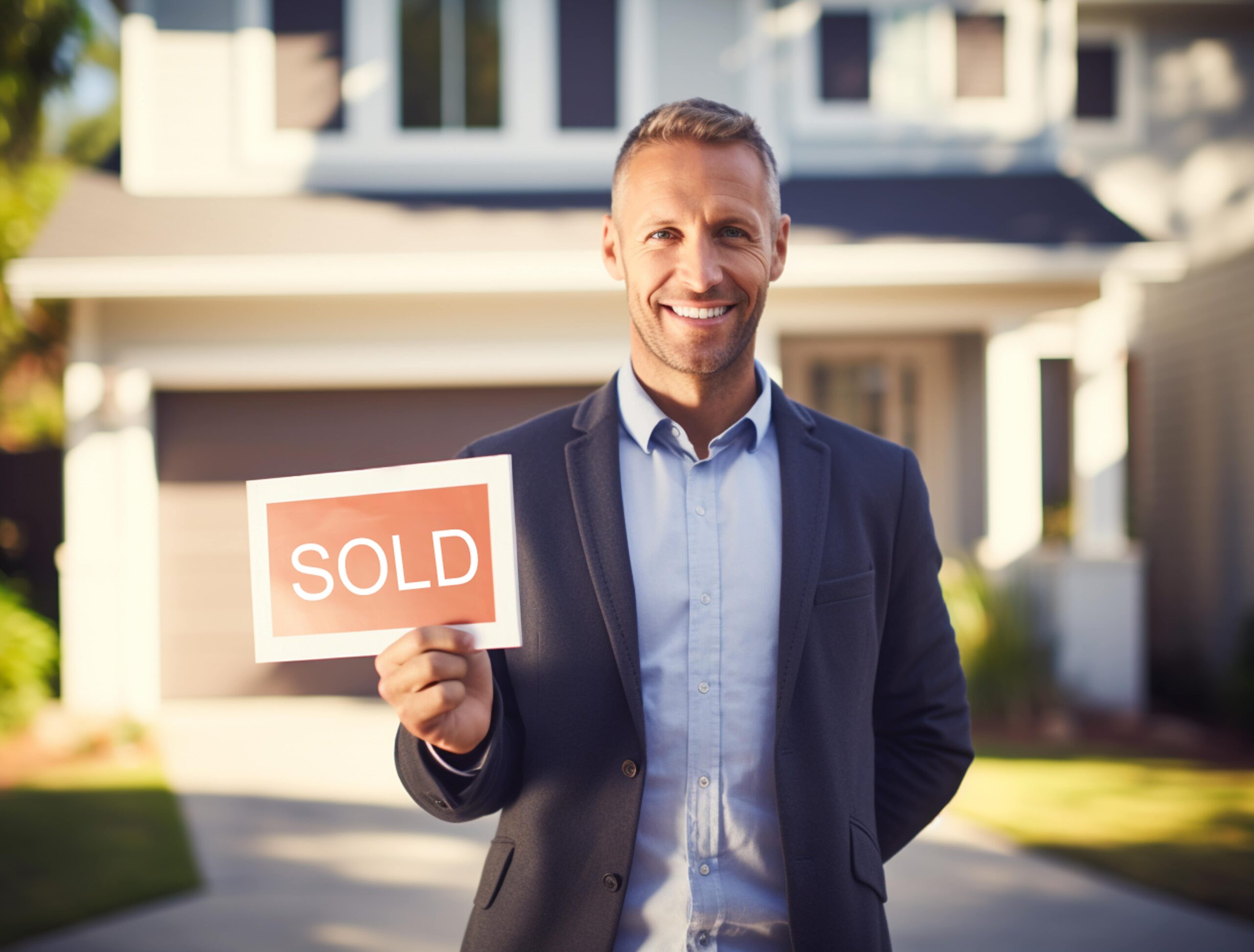 Smiling real estate agent holding a "SOLD" sign in front of a newly sold house in Cyprus.