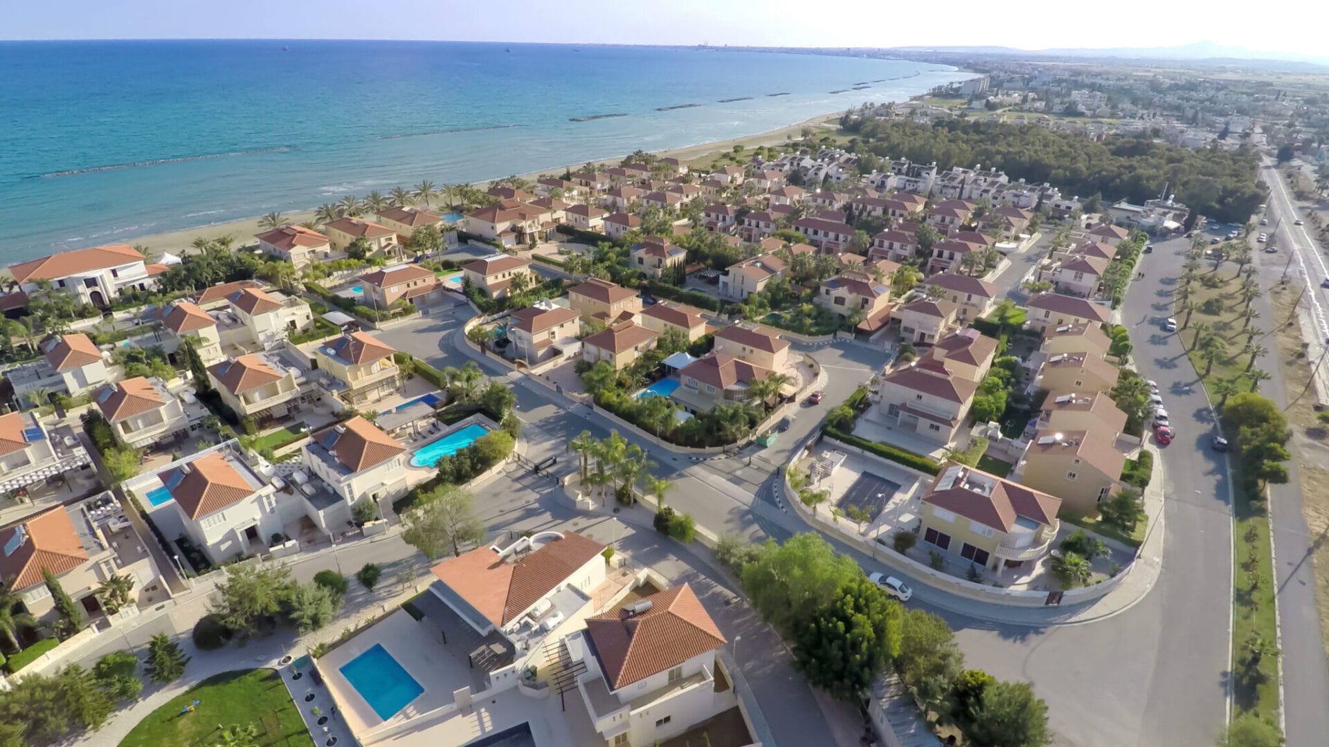 Aerial view of luxury coastal properties in Cyprus near the Mediterranean Sea