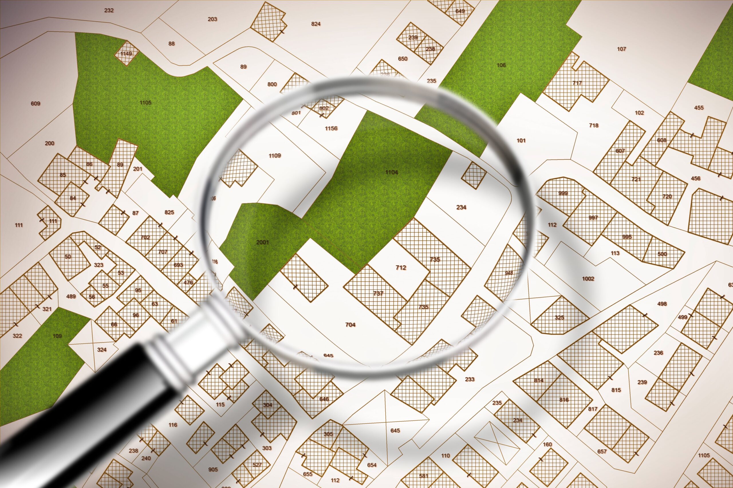 Magnifying glass focusing on a zoning map, highlighting land plots in the Larnaca property market.